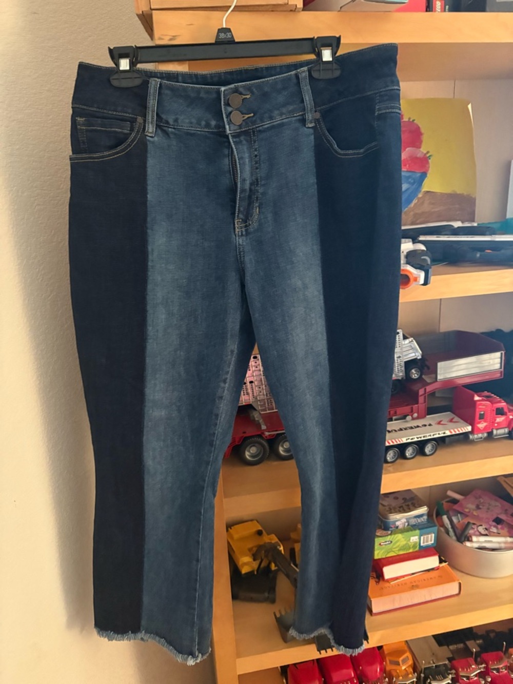 CAbi Two-Tone Dark and Mid Blue Cropped Jeans